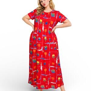 Vintage Spiegel Red Floral Rayon Maxi Dress Size 14 Made in USA Eclectic Artsy